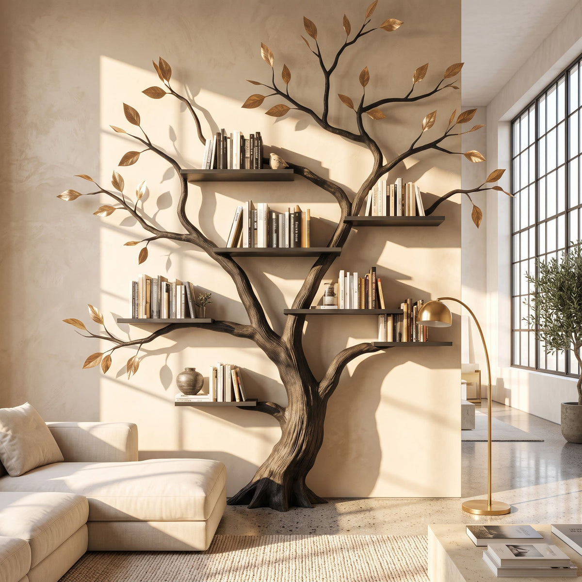 Handgesneden Boom Wandboekenkast - Massief Hout Wandbibliotheek