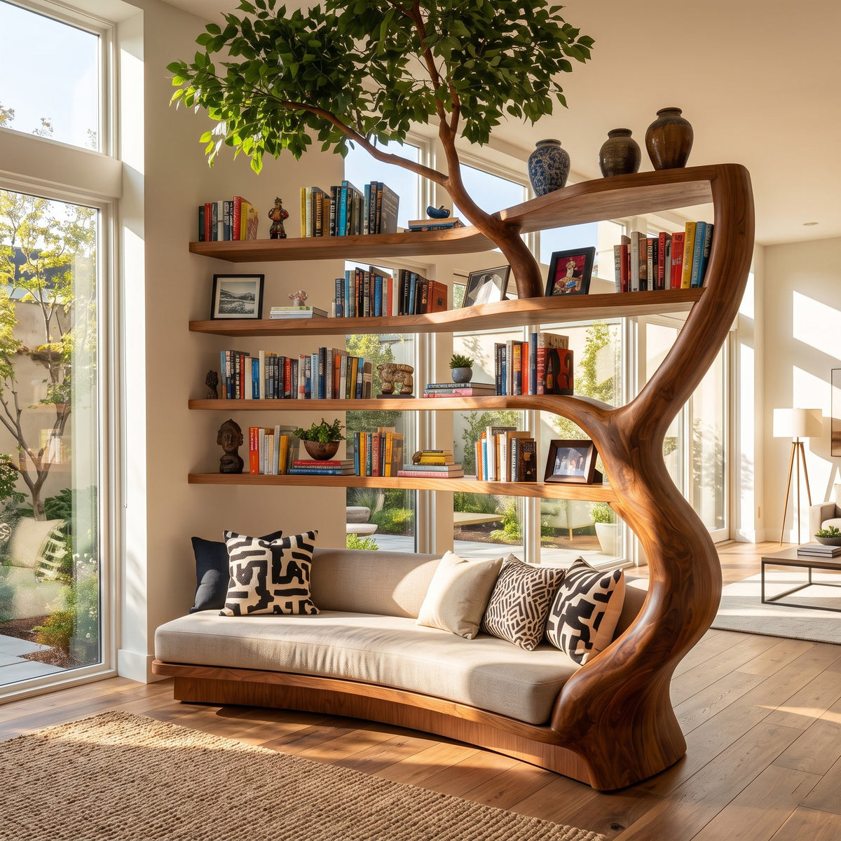 Massief houten lounge bibliotheek dagbed in een elegante woonkamer