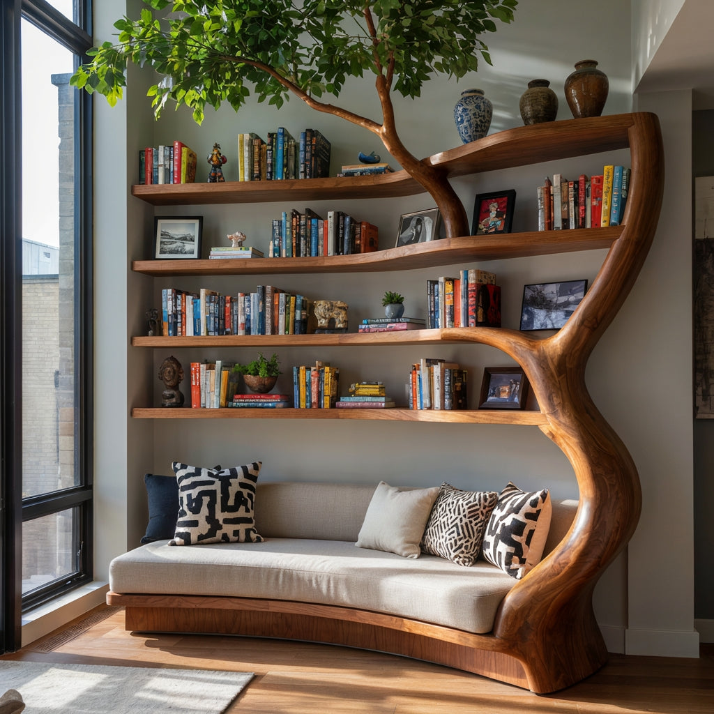 Hand-carved solid wood tree bookshelf daybed styled in a cozy home library