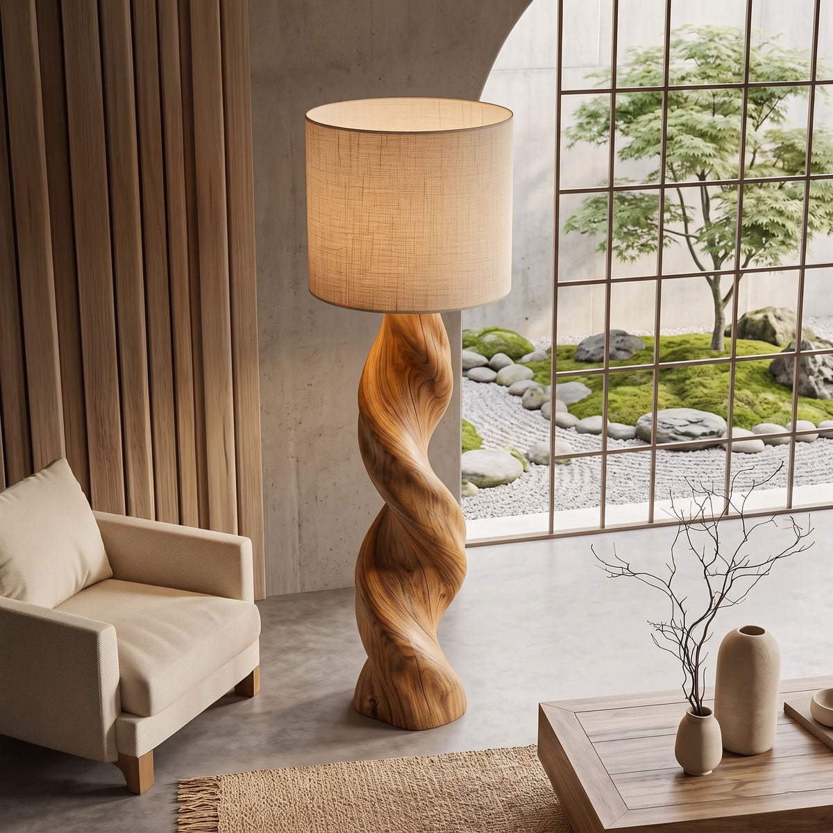 Handgesneden getordeerde vloerlamp van massief hout