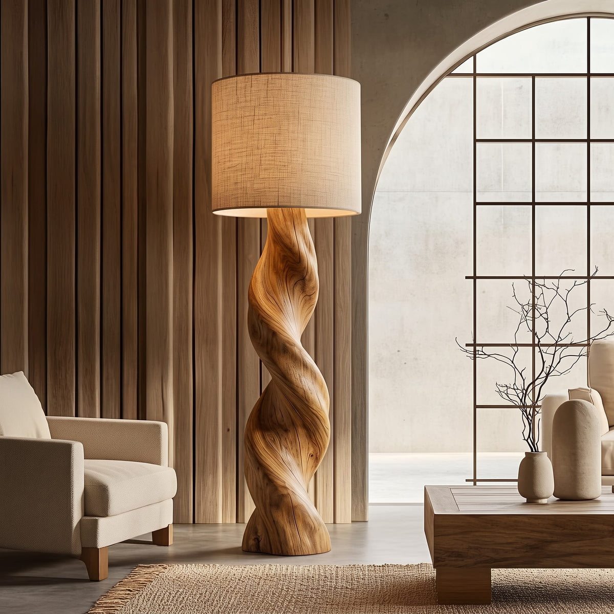 Handgesneden getordeerde vloerlamp van massief hout