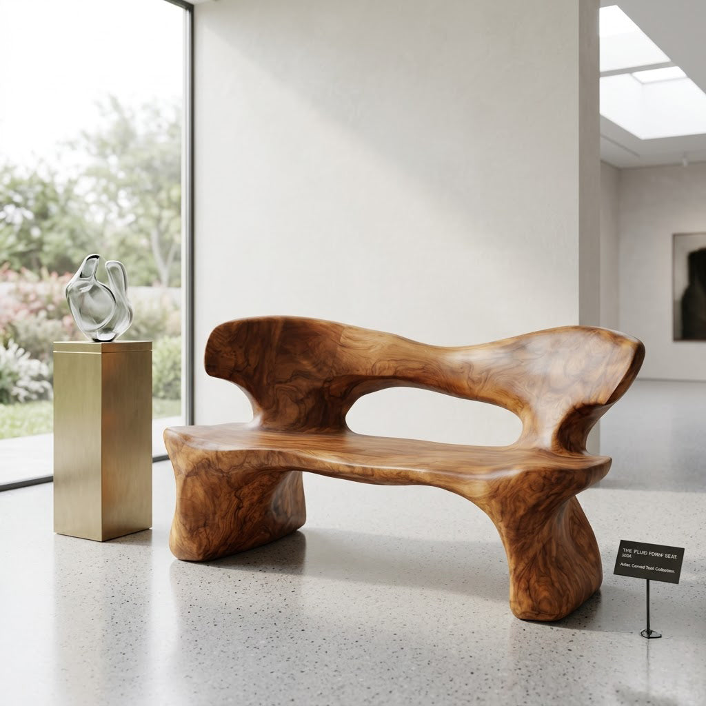 Biomorfe sculpturale bank van massief hout
