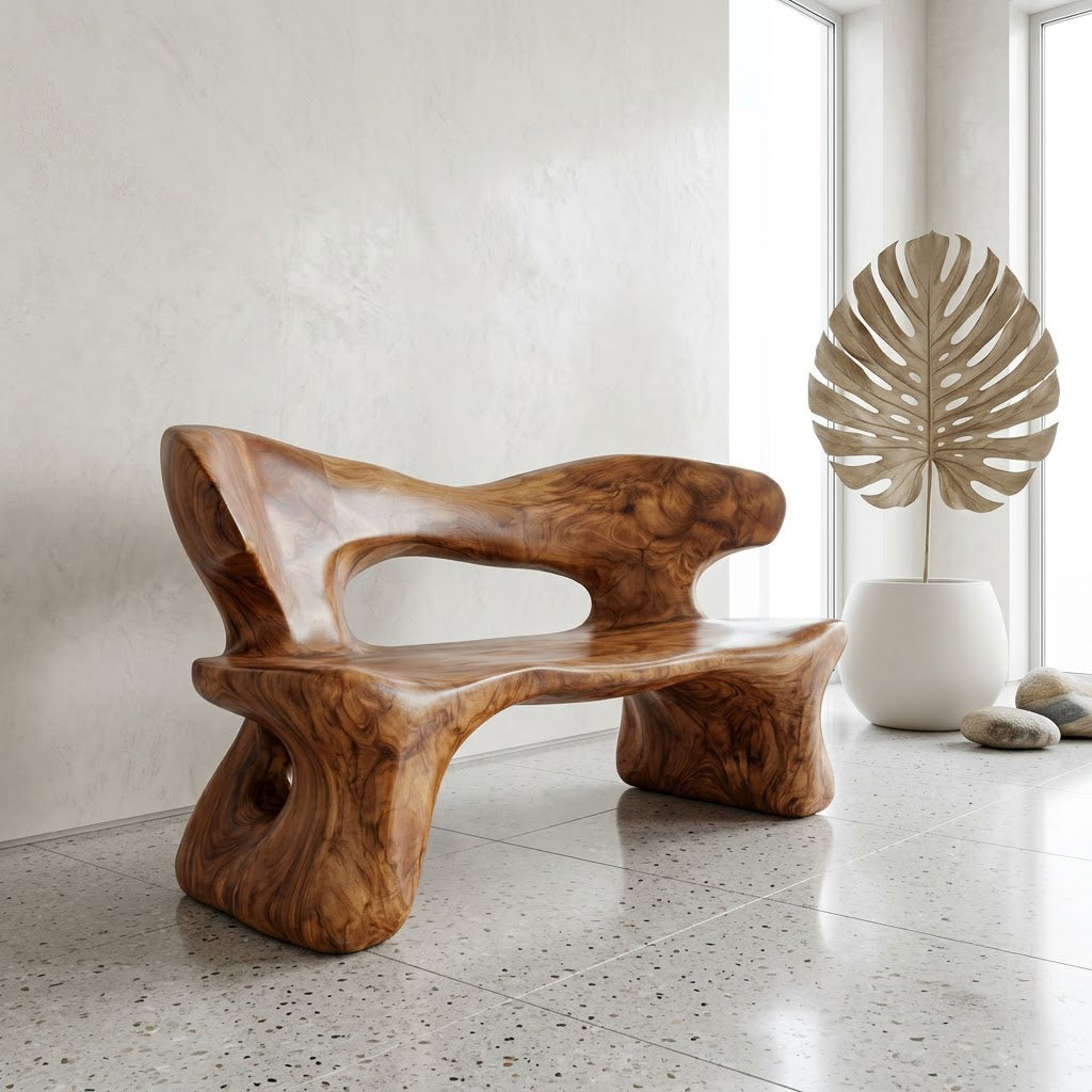 Organische massief houten kunstbank in een minimalistische entree