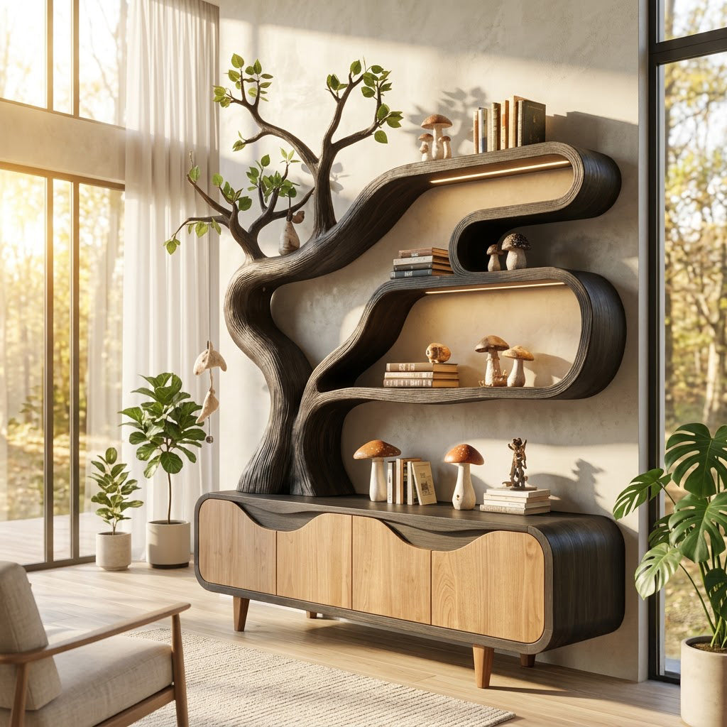 Verlichte houten boomboekenkast en opbergkast voor een moderne living