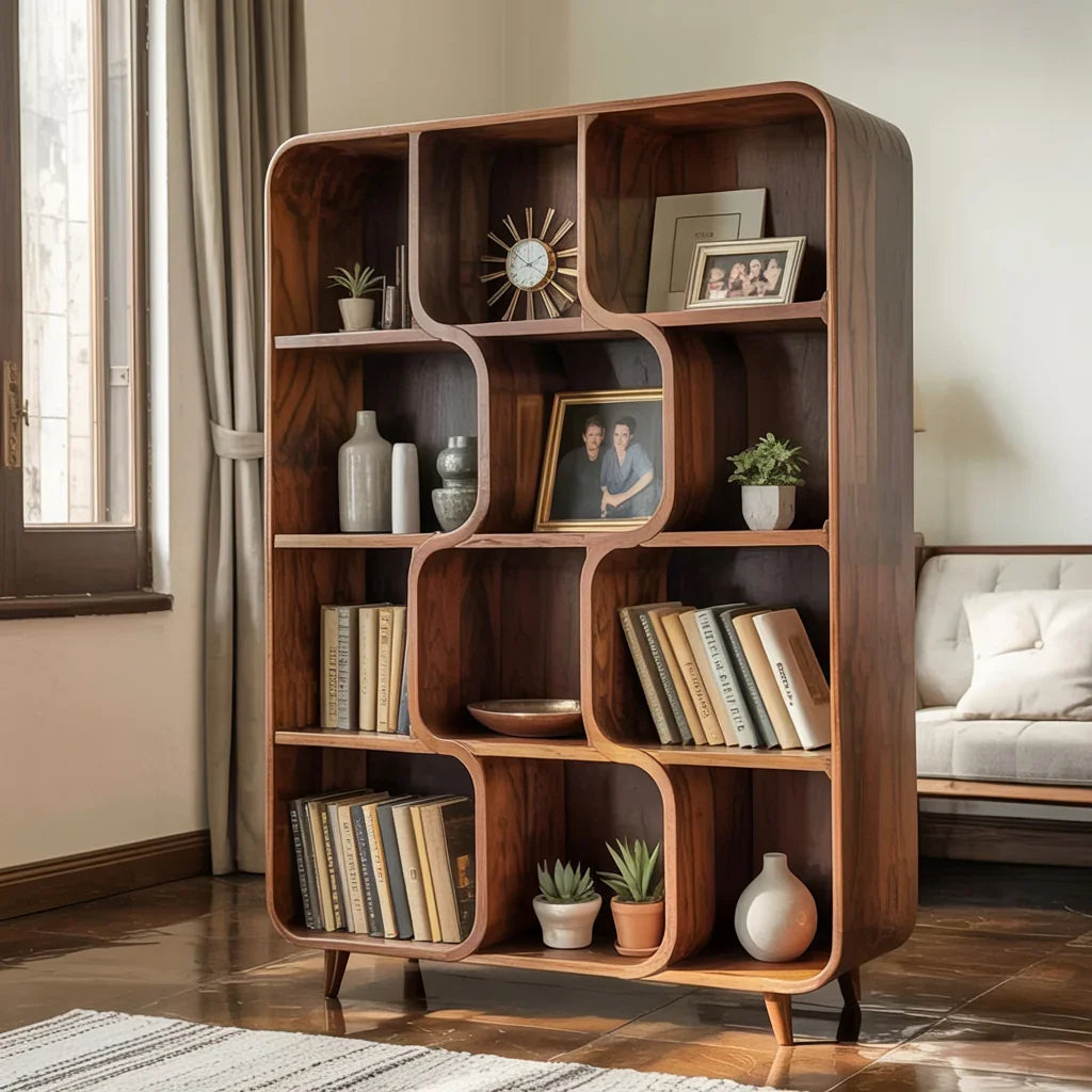 Mid-century massief houten boekenkast met gebogen zijkanten en open schappen