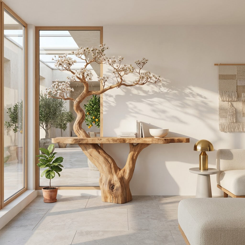 Botanische boomrand consoletafel van massief hout