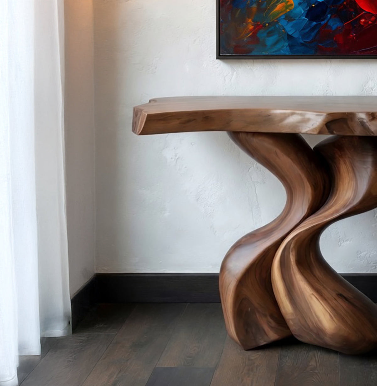 Smalle handgemaakte massief houten consoletafel met uniek design