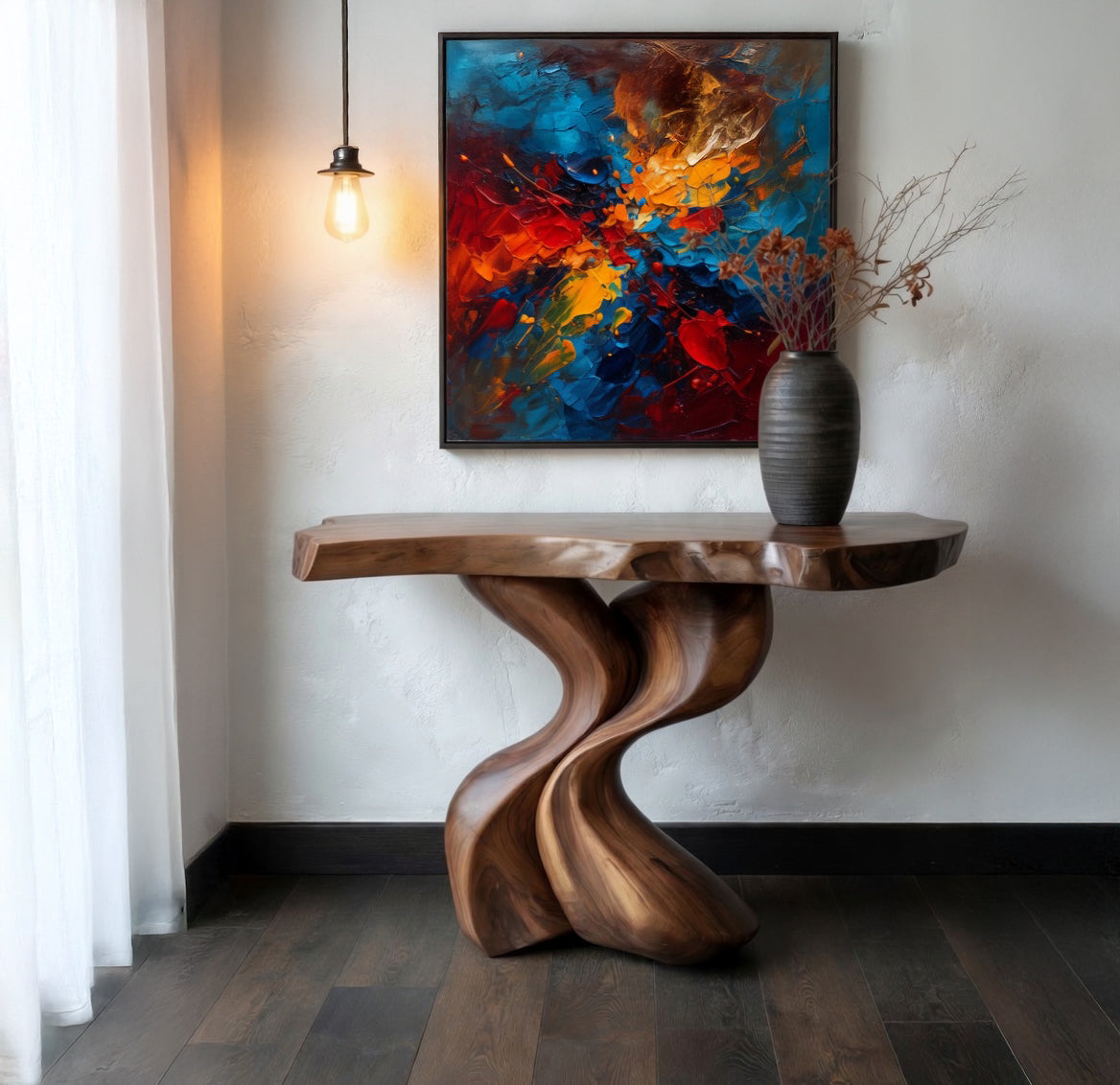 Smalle handgemaakte massief houten consoletafel met uniek design