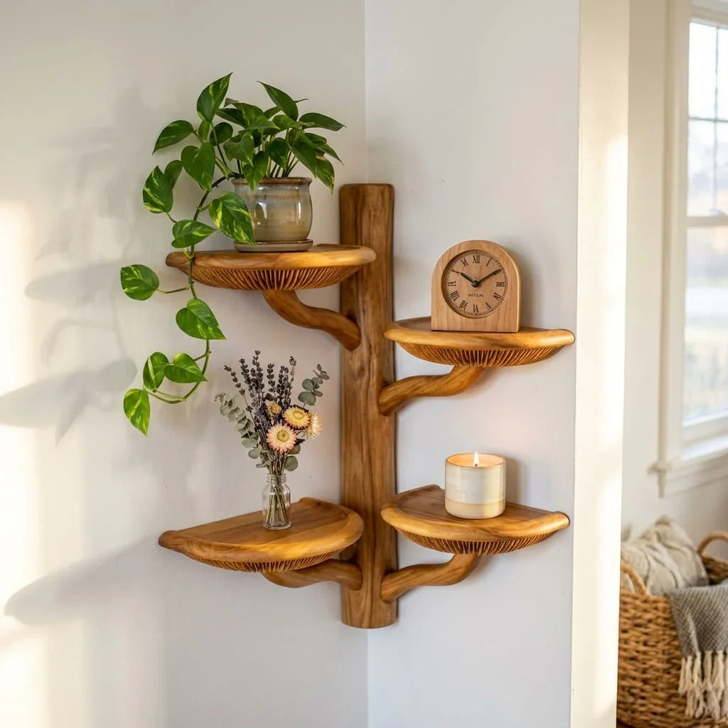 Hoekgemonteerde boomstam wandplank van massief hout met vier plateaus