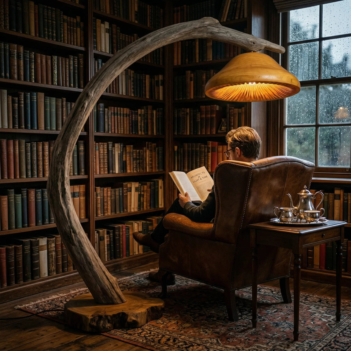 Crescent arc driftwood floor lamp with mushroom shade and live edge base in cozy library.