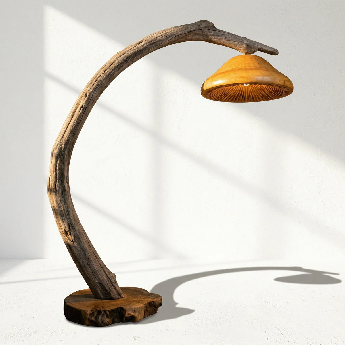 Live edge driftwood floor lamp with mushroom-shaped wood shade and natural slab base