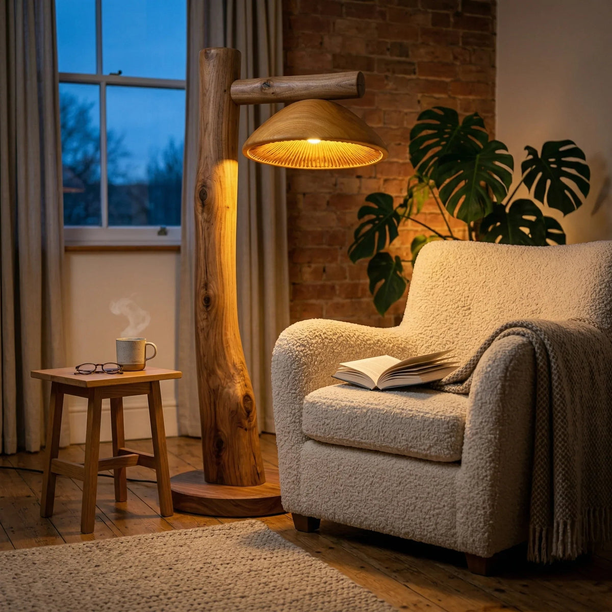 Gesneden houten vloerlamp met paddenstoelkap naast fauteuil in warme woonkamer