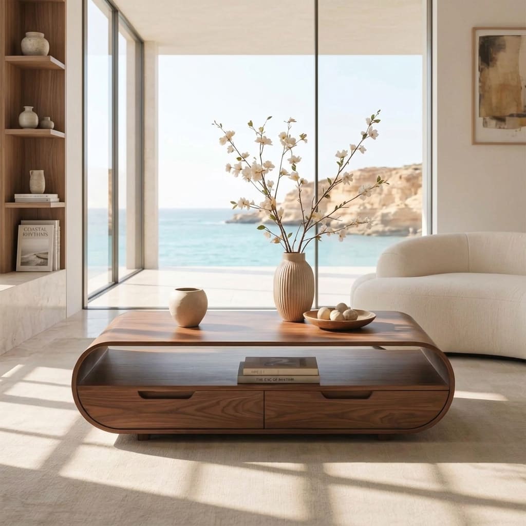 Gebogen massief houten salontafel in een moderne woonkamer
