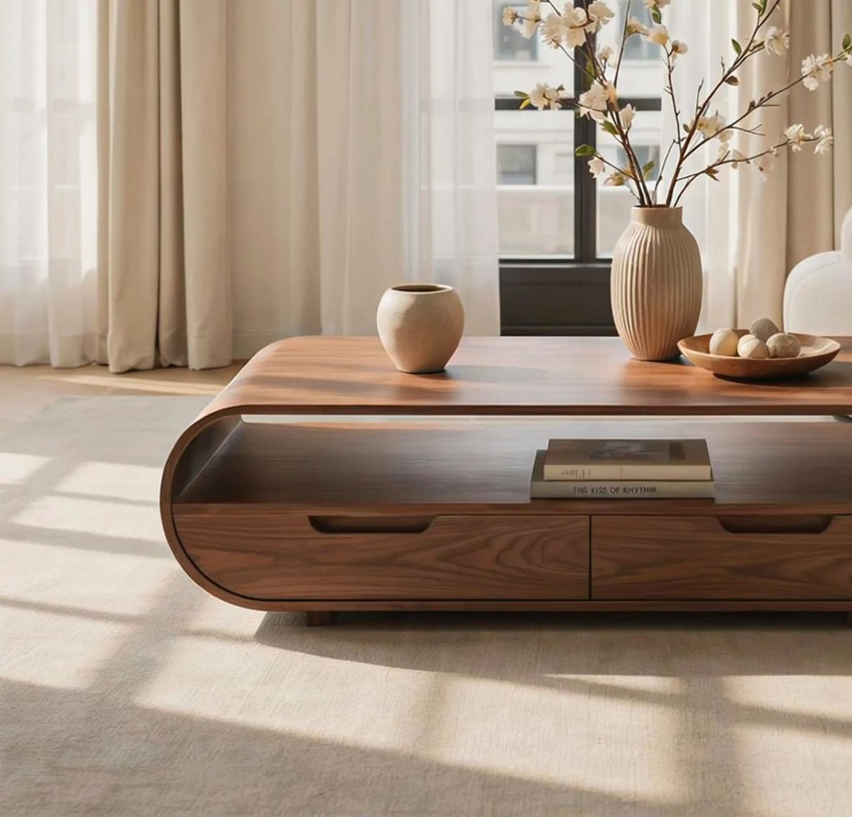 Massief houten woonkamertafel met ingebouwde opberglades