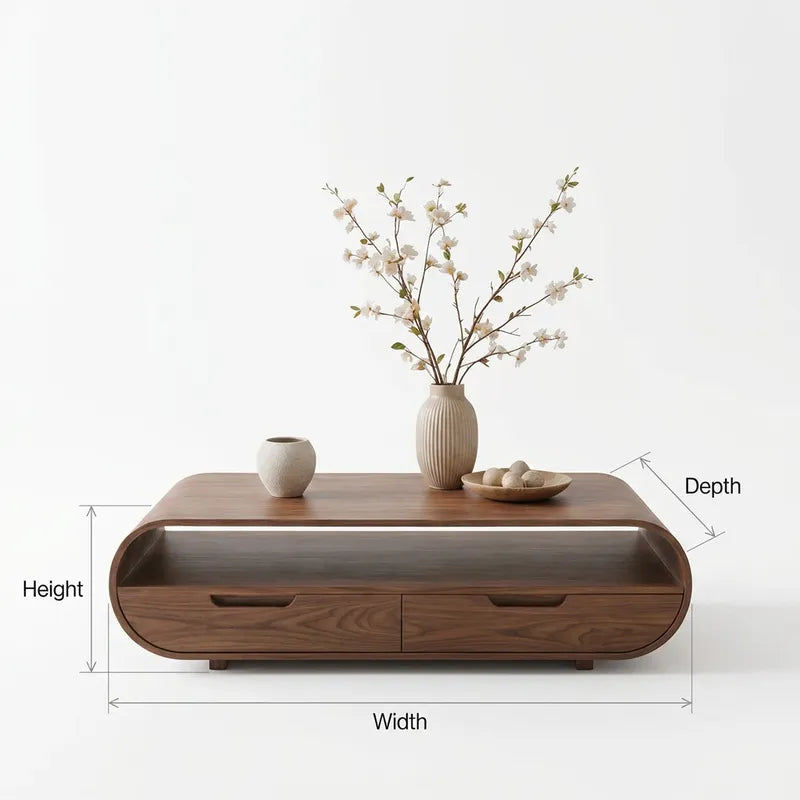 Gebogen Salontafel met Lades & Schap - Massief Hout