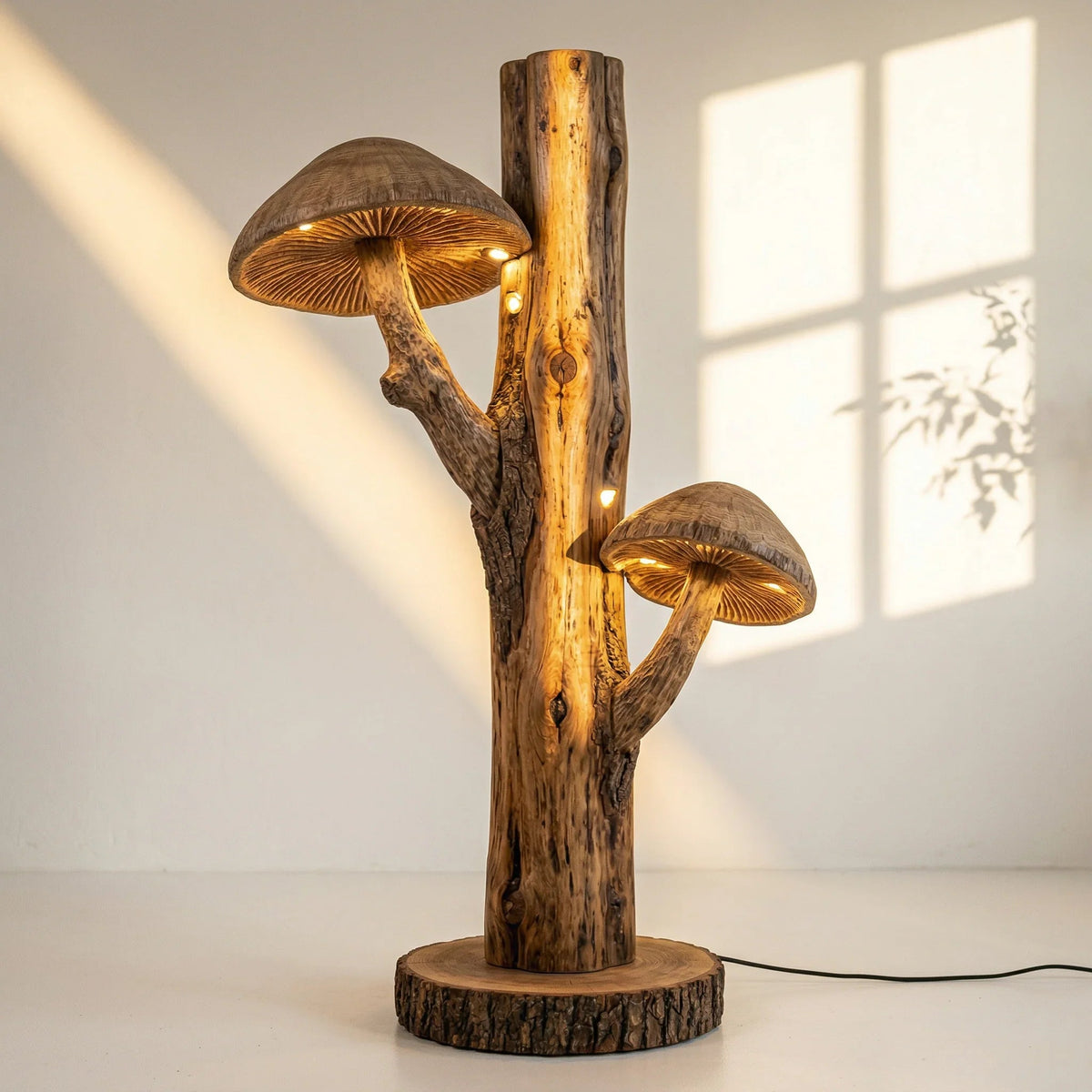 Dual mushroom floor lamp with hand-carved wood, tree trunk base, and glowing caps