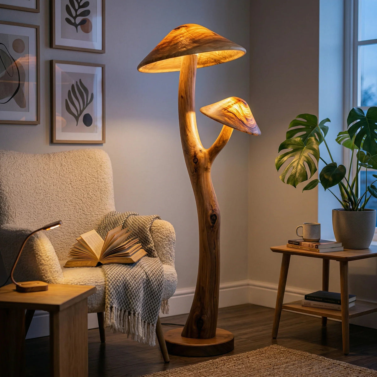 Dubbele houten paddenstoel vloerlamp met lichtgevende kappen in woonkamer