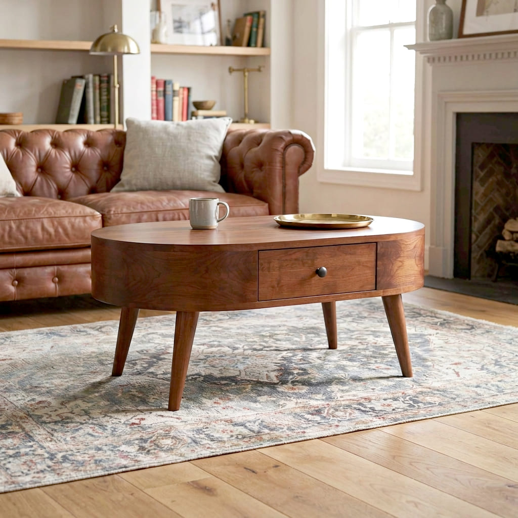 Elegante gebogen salontafel van eersteklas massief hout met opbergruimte