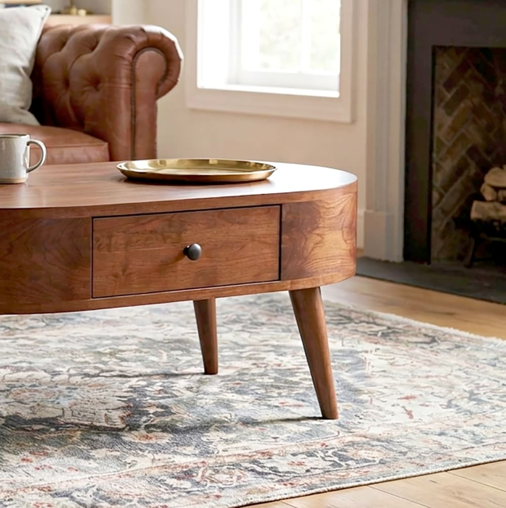 Japandi stijl massief houten salontafel met gebogen design en opbergruimte