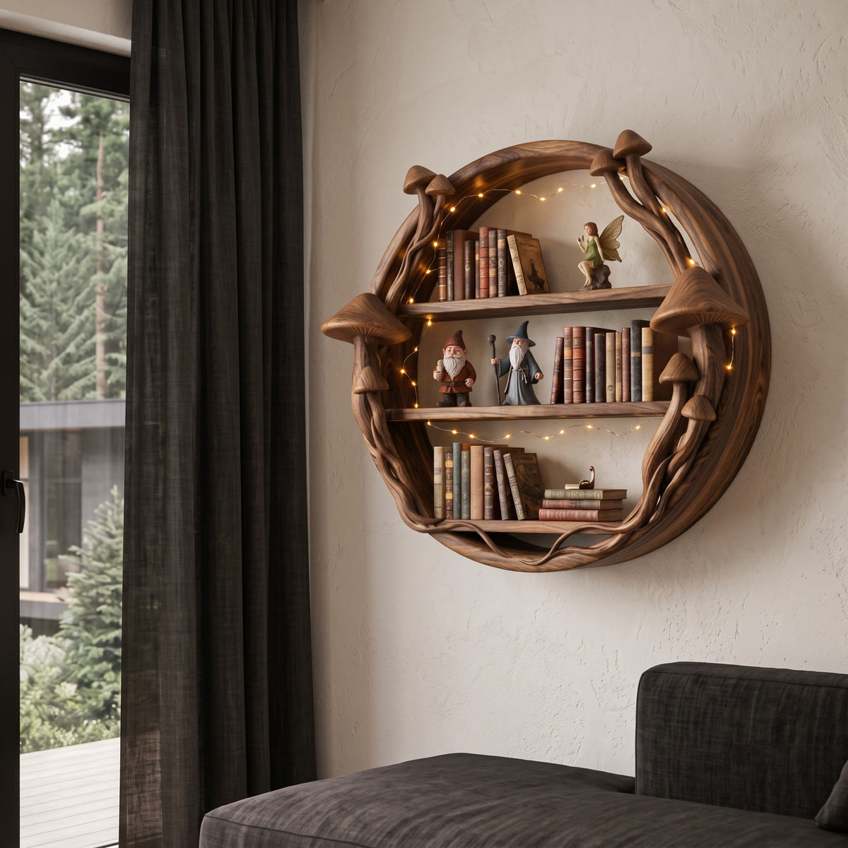 Cirkelvormige wandplank met paddenstoelportaal van massief hout