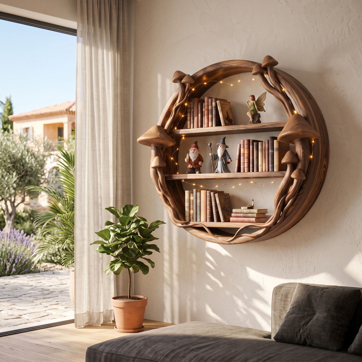 Ronde houten paddenstoel wandplank in een speelse woonkamer