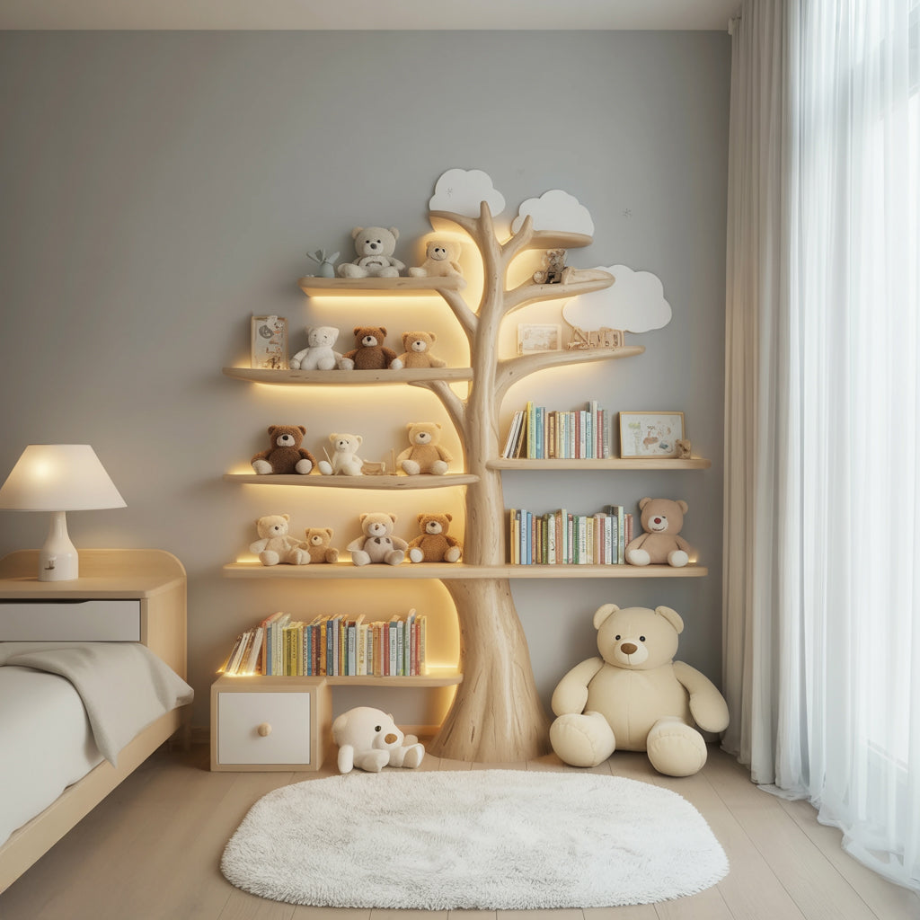 Kinder boomboekenplank met knuffelberen en wolkvormen in de slaapkamer