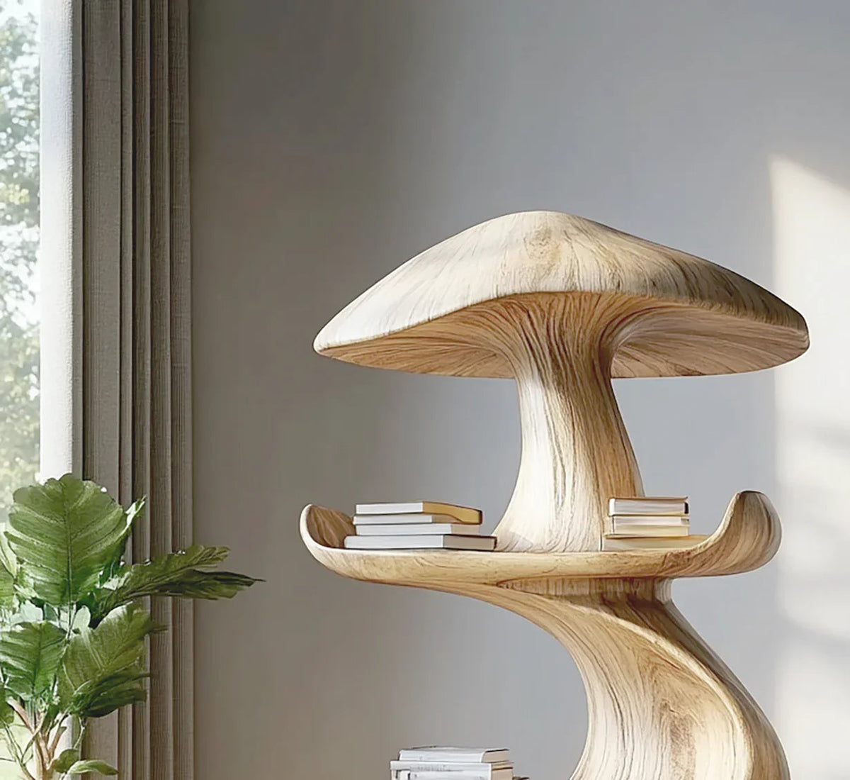 Unieke houten wandplank in paddenstoelvorm als interieuraccent