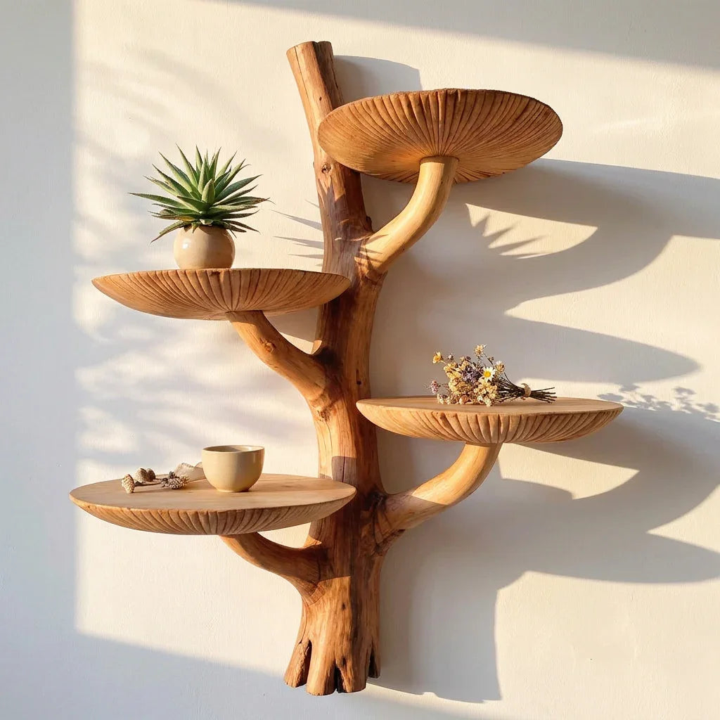 Tweekleurige massief houten wandplank met wortelvoet en vier paddenstoel plateaus