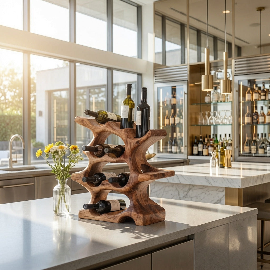 Natuurlijke hardhouten wijnplank in een moderne keuken