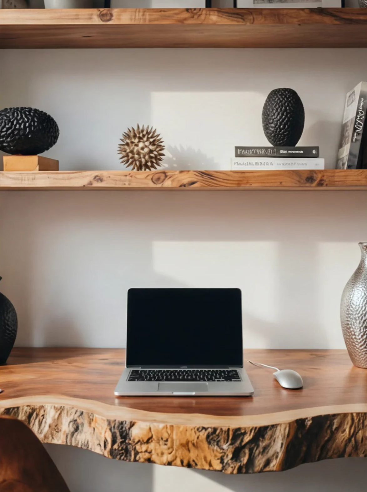 Close-up van massief houten zwevend bureaublad met natuurlijke houtnerf en laptop