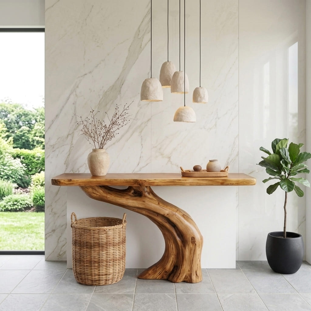 Vloeiende massief houten consoletafel in een moderne entree