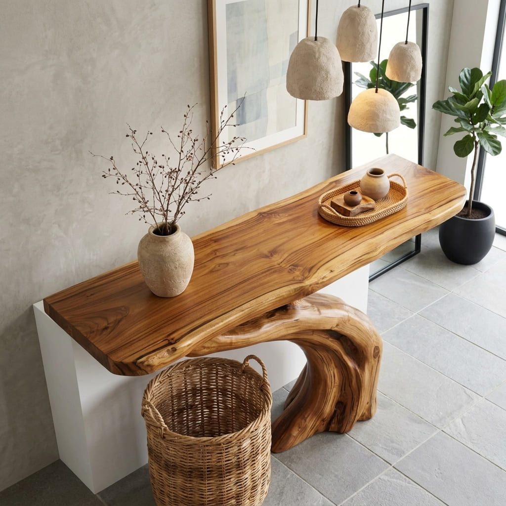 Sculpturale houten sidetable in een luxe woninginrichting