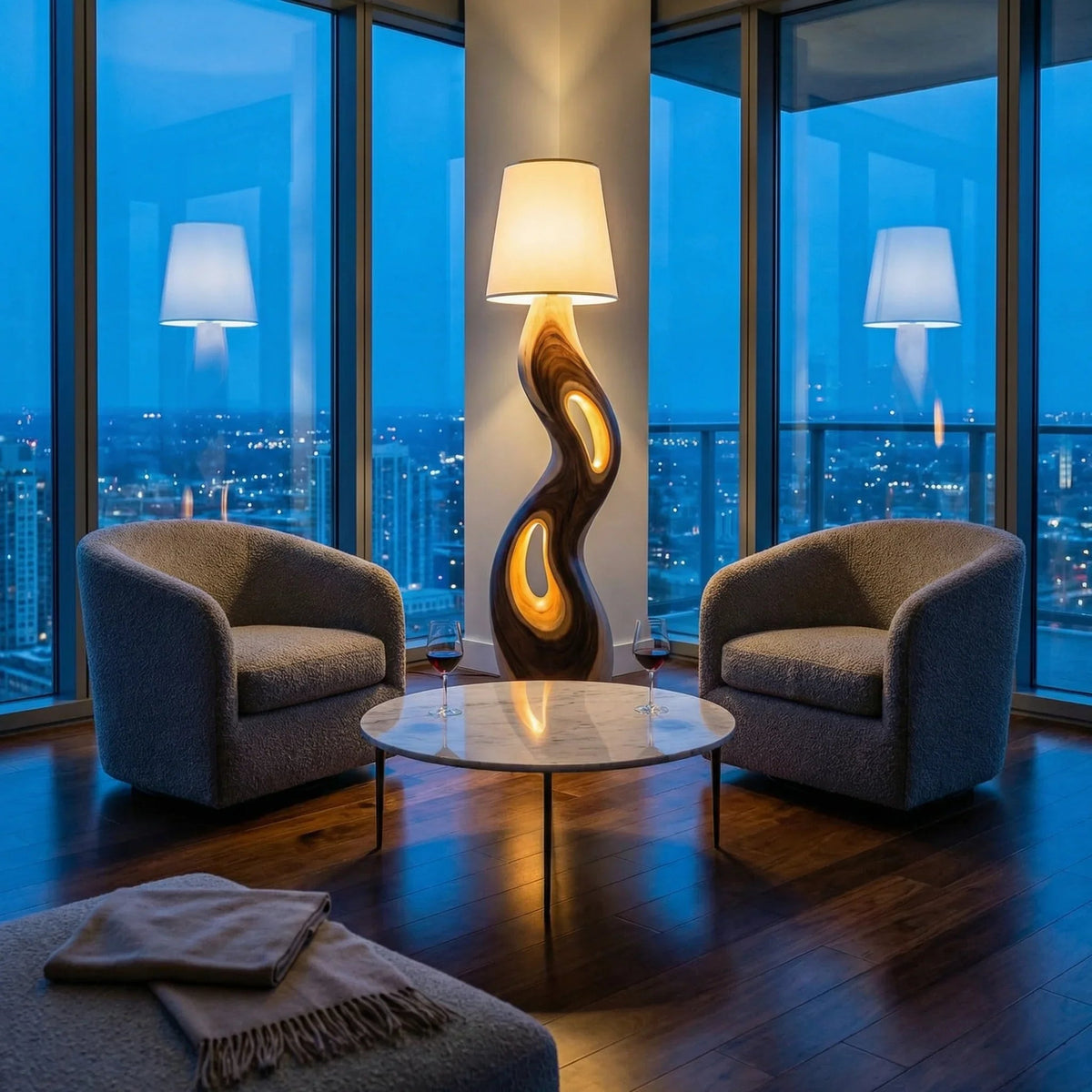 Freeform sculpted wood floor lamp with triple openings in modern living room setting