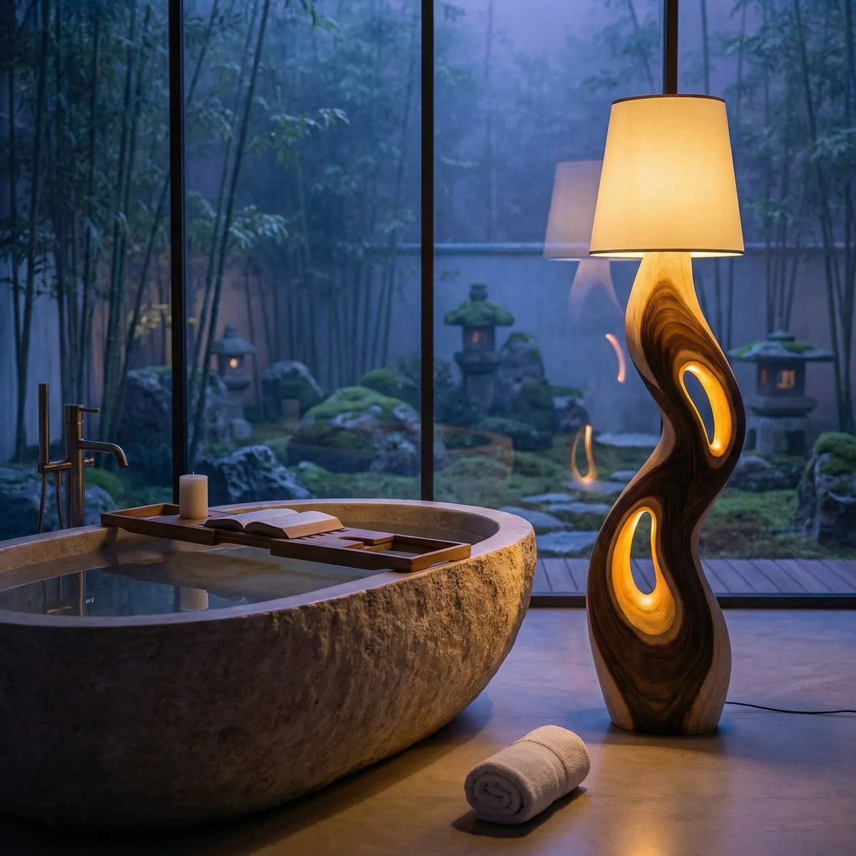 Sculpted wood floor lamp with triple openings beside stone bathtub in serene spa bathroom