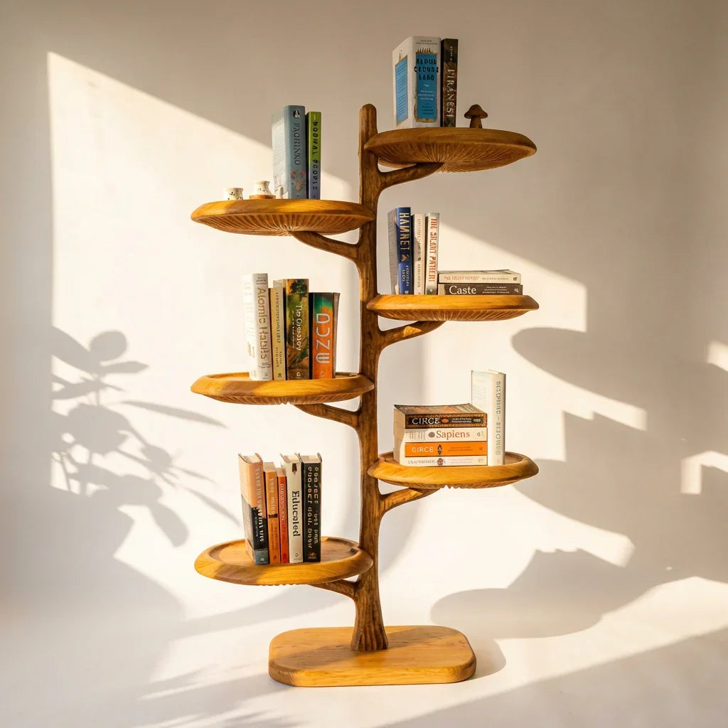 Vrijstaande massief houten paddenstoel boom boekenkast met spiraalschappen