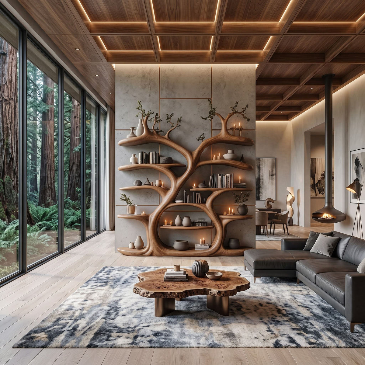 Monumentale Boom Wandboekenkast - Vloer-tot-Plafond Massief Hout