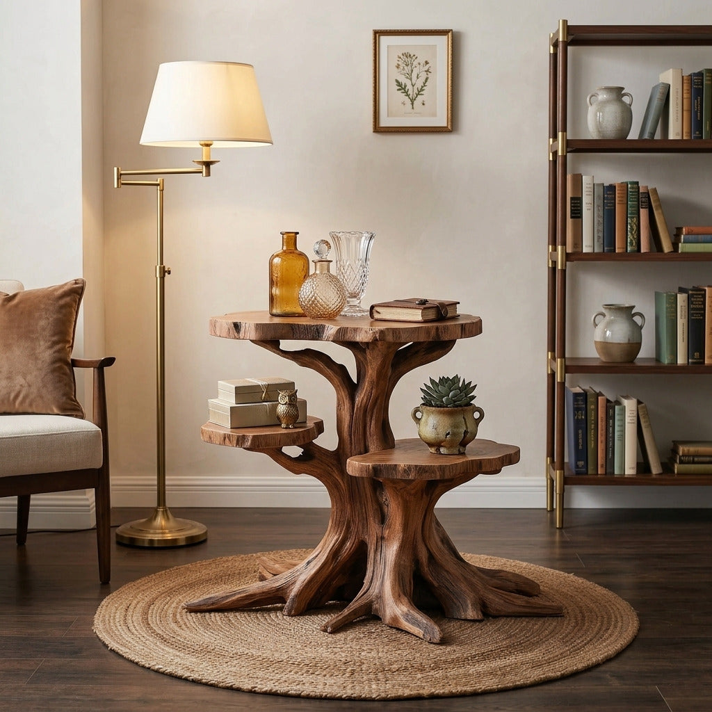 Boomtak bijzettafel met meerdere plateaus van massief hout in een gezellige woonkamer