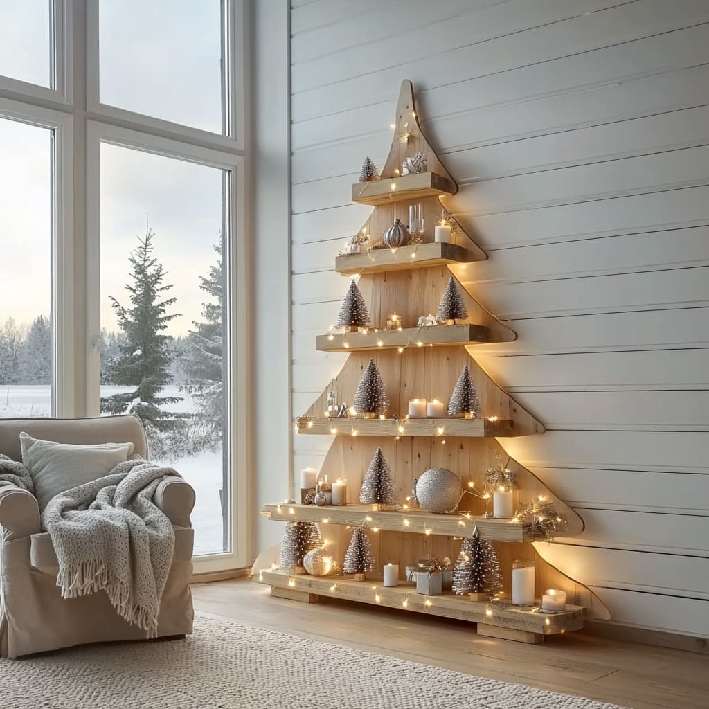 Handgesneden massief houten boom displayrek aan de wand