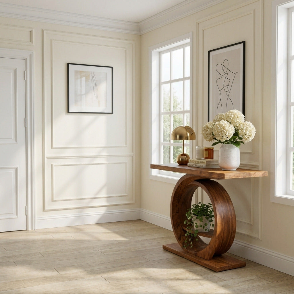 Handgesneden massief houten ring consoletafel in een moderne hal