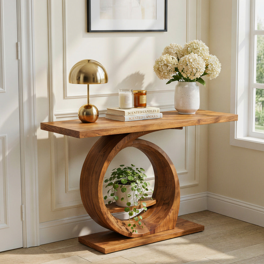 Sculpturale houten consoletafel vervaardigd uit massief hout