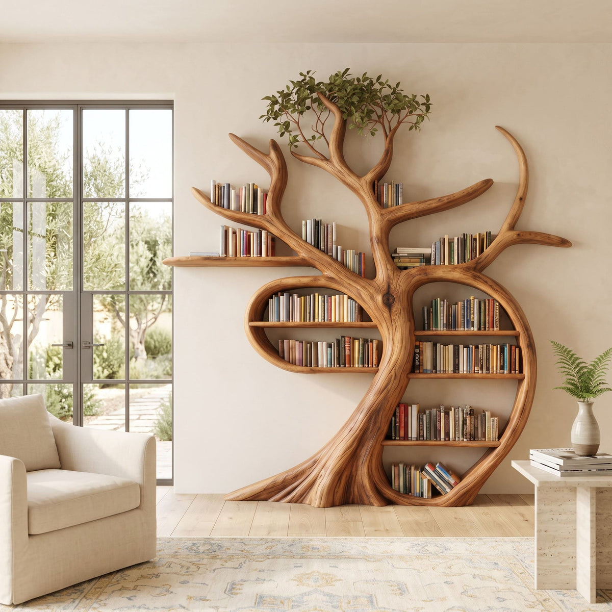 Massief houten boomboekenplank gevuld met boeken in elegante living