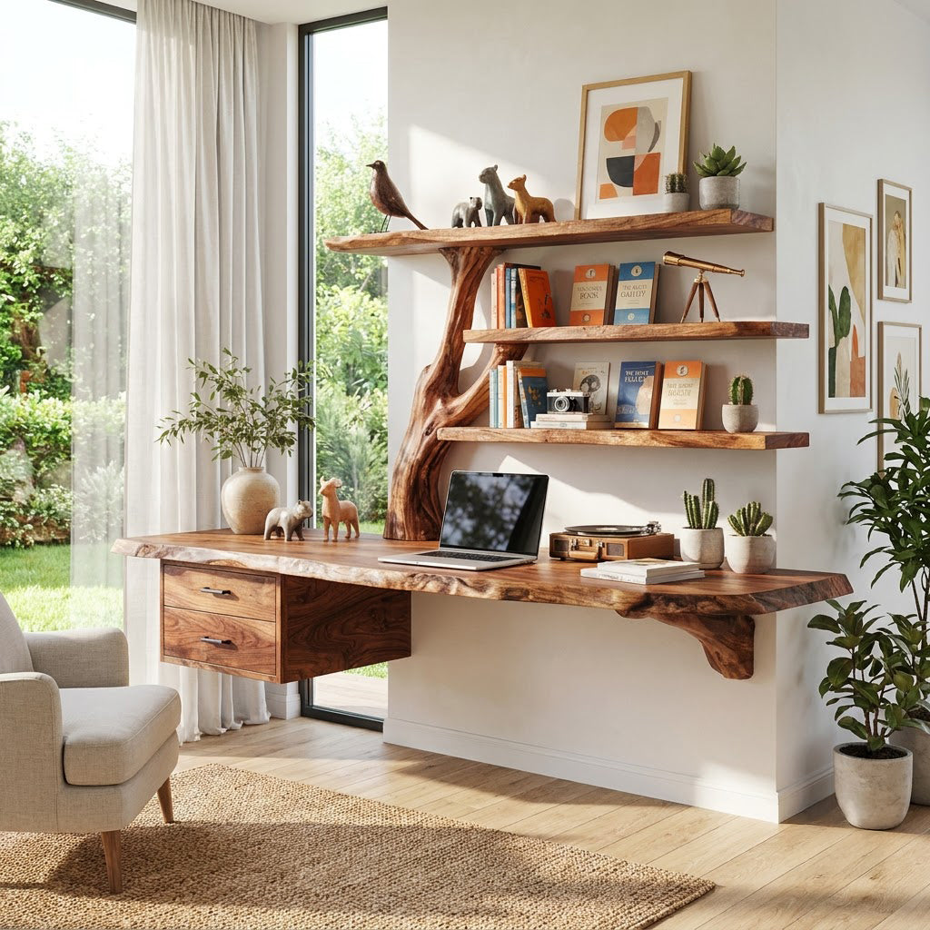 Zwevend Boomrand Bureau - Boomtak Boekenplank & Laden