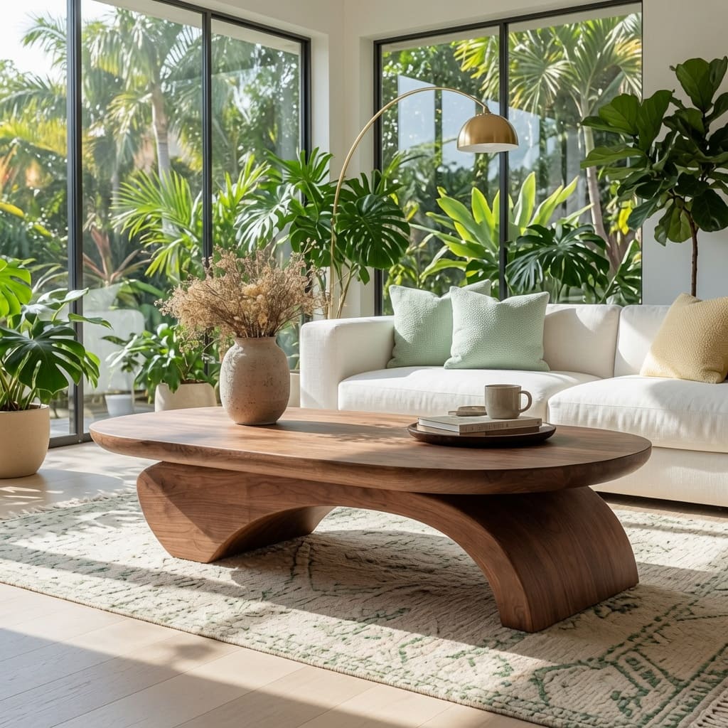Sculpturale massief houten salontafel in een luxe woonkamer