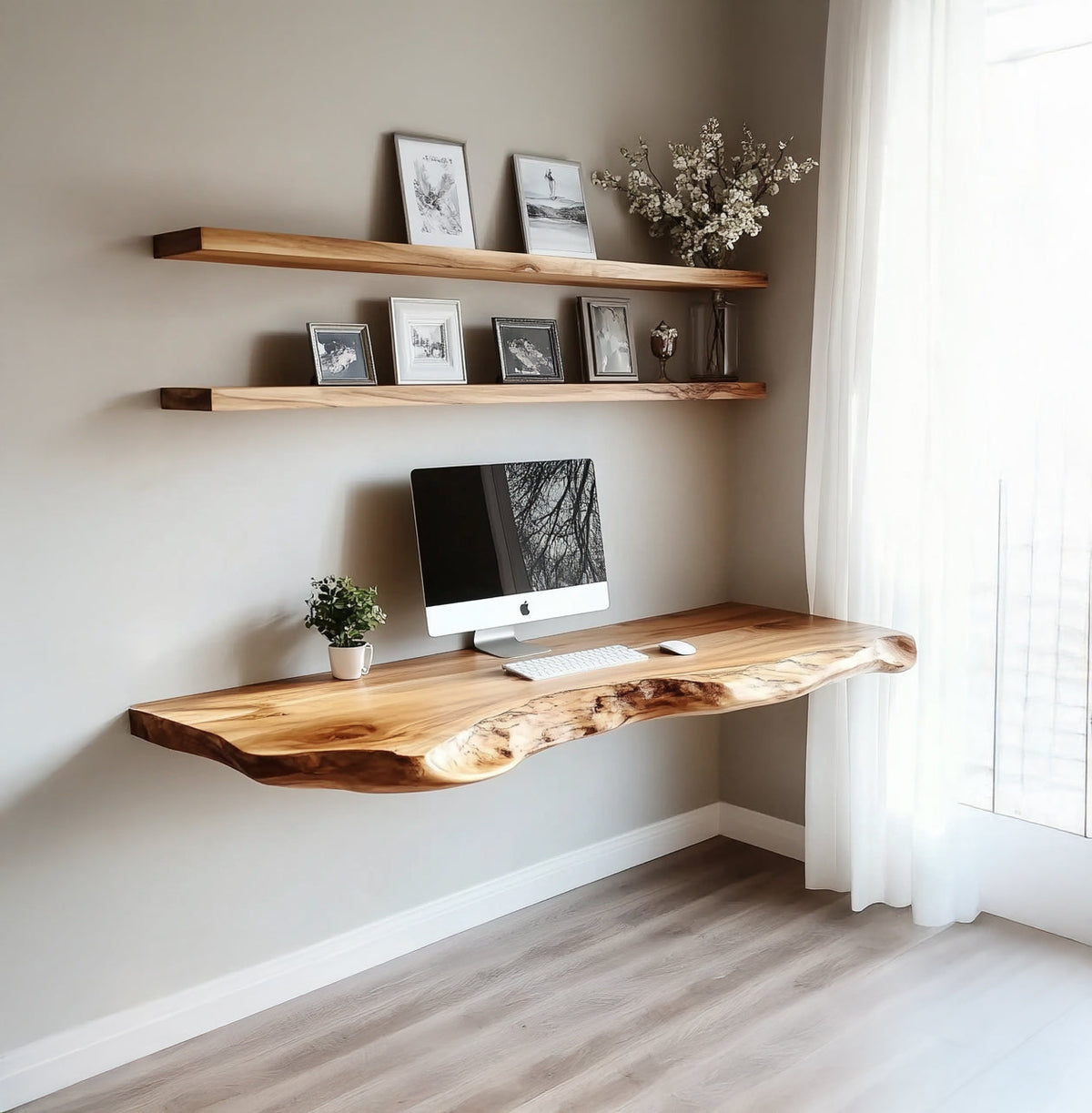 Massief houten zwevende boomrand wandplanken met organisch design