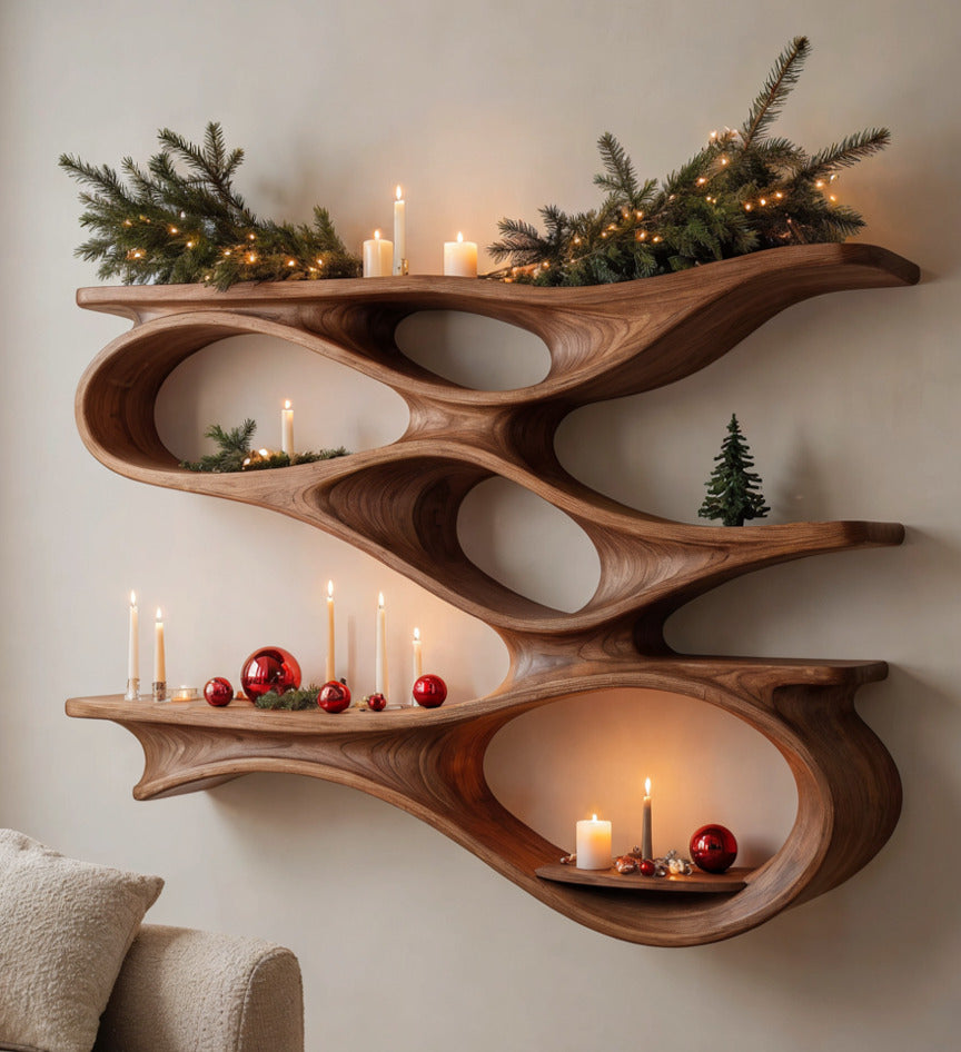 Sculpturale gebogen zwevende wandplank vervaardigd uit massief hout