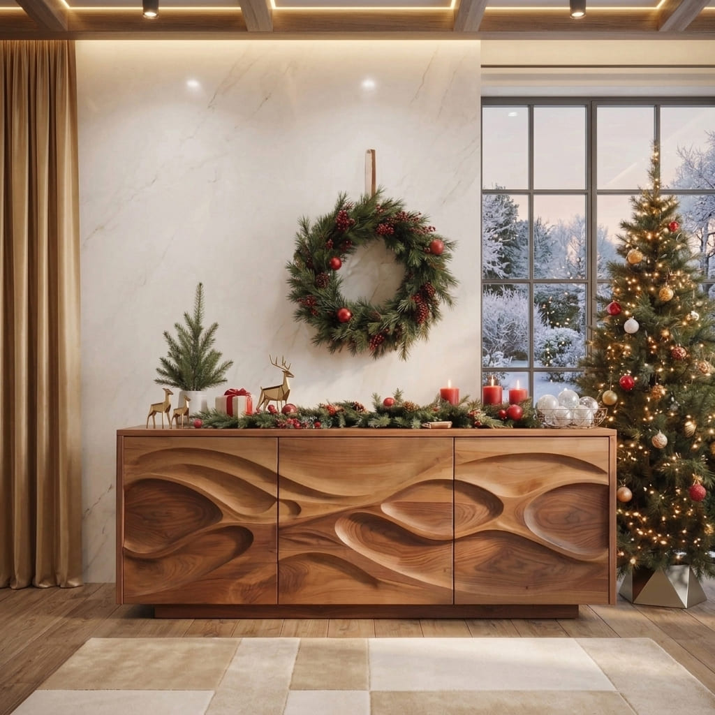 Handgemaakt sculpturaal dressoir van massief hout