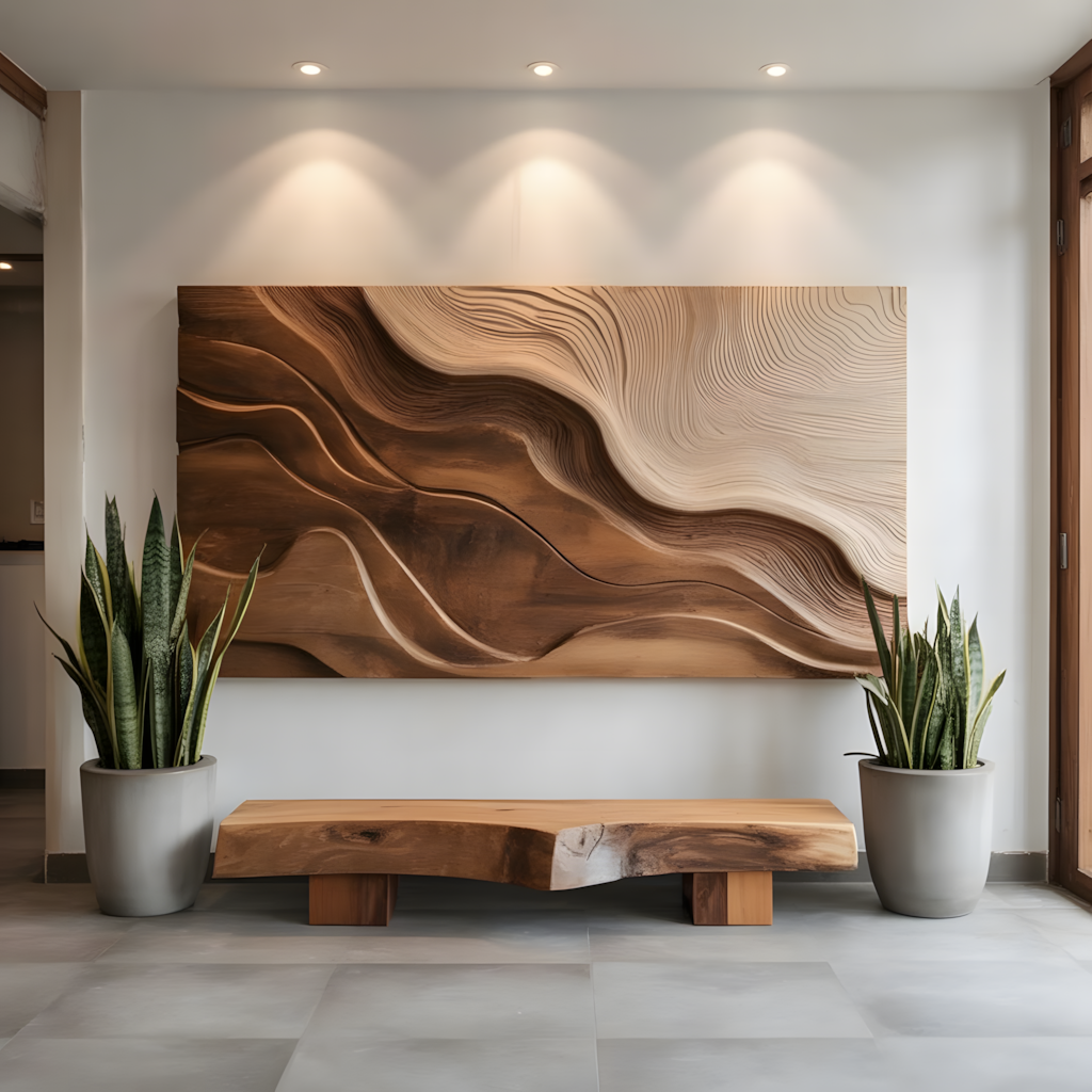 Sculpturaal Houten Wandpaneel - Golfsculptuur Massief Hout