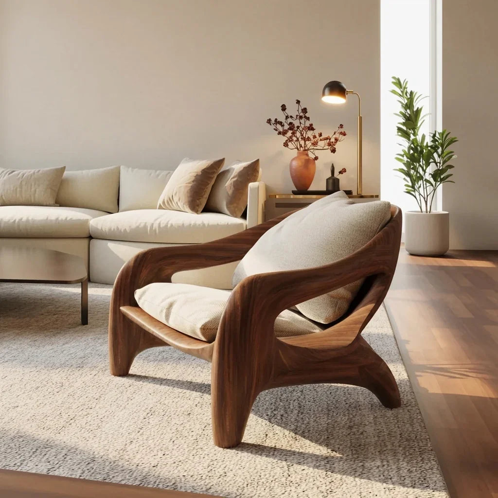 Handgemaakte massief houten fauteuil met sculpturaal accentdesign