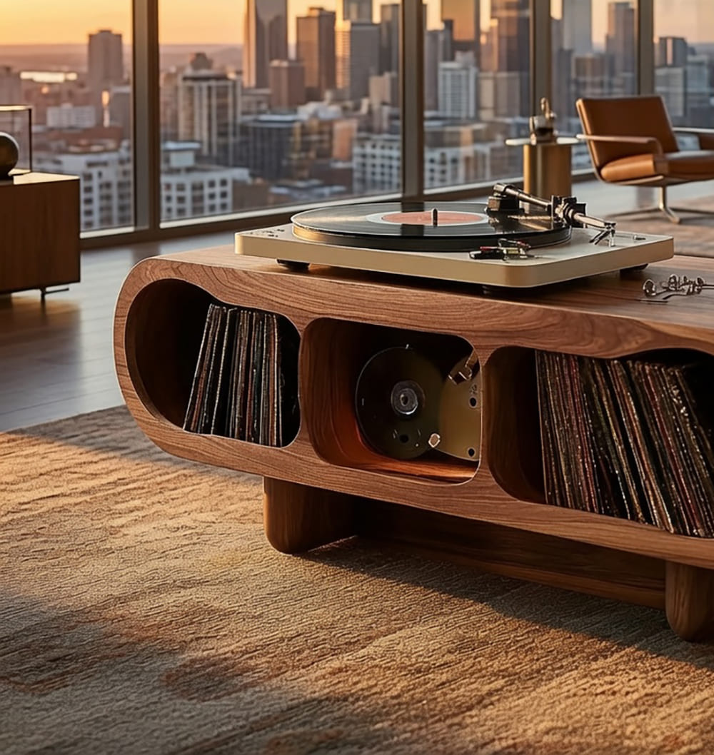 Handgemaakt vinyl platenmeubel van massief hout