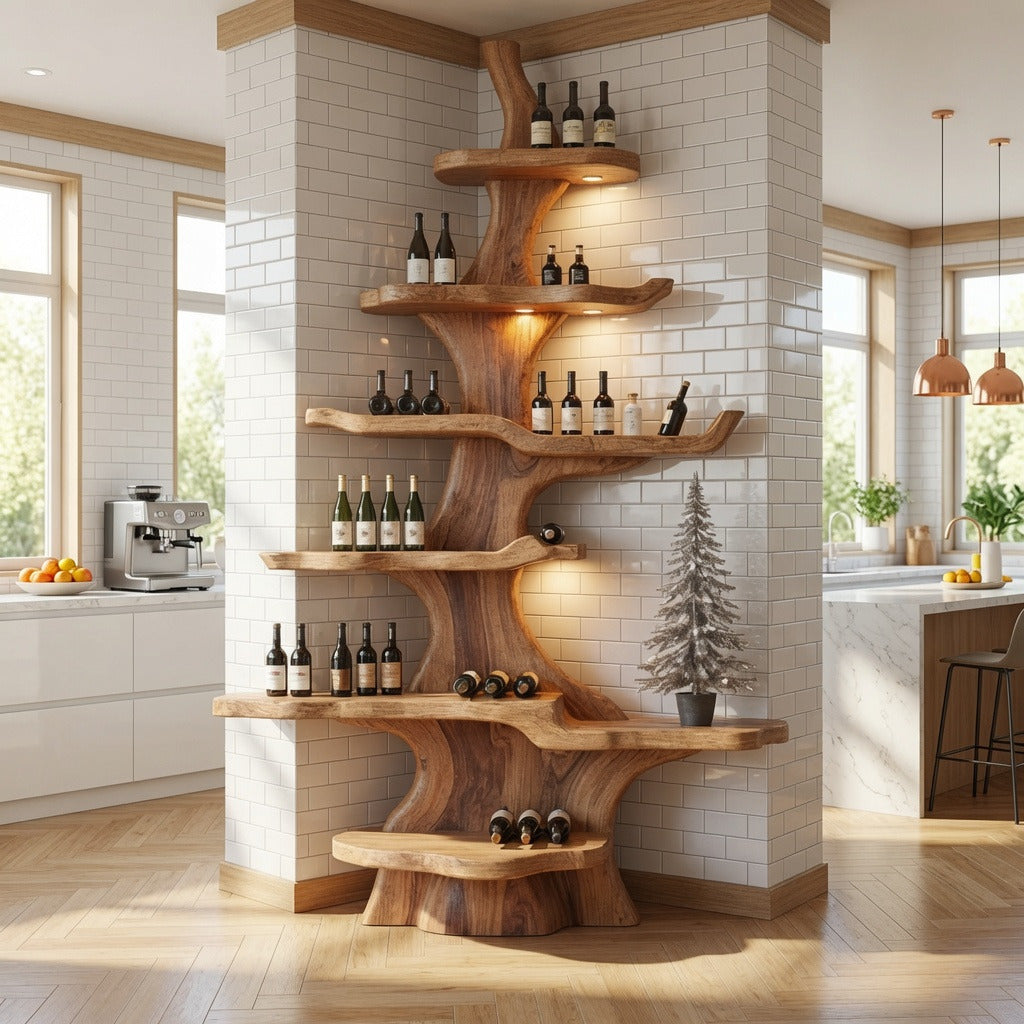 Boomvormig massief houten flessendisplay in een moderne eetkamer
